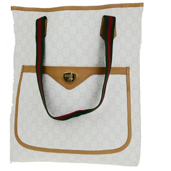 Auth GUCCI PLUS GG Pattern Sherry Shoulder Tote Bag PVC Leather White - Picture 1 of 16